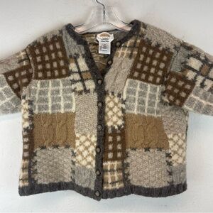 Vintage Patchwork Wool Cardigan Short Sleeve in Brown and Cream